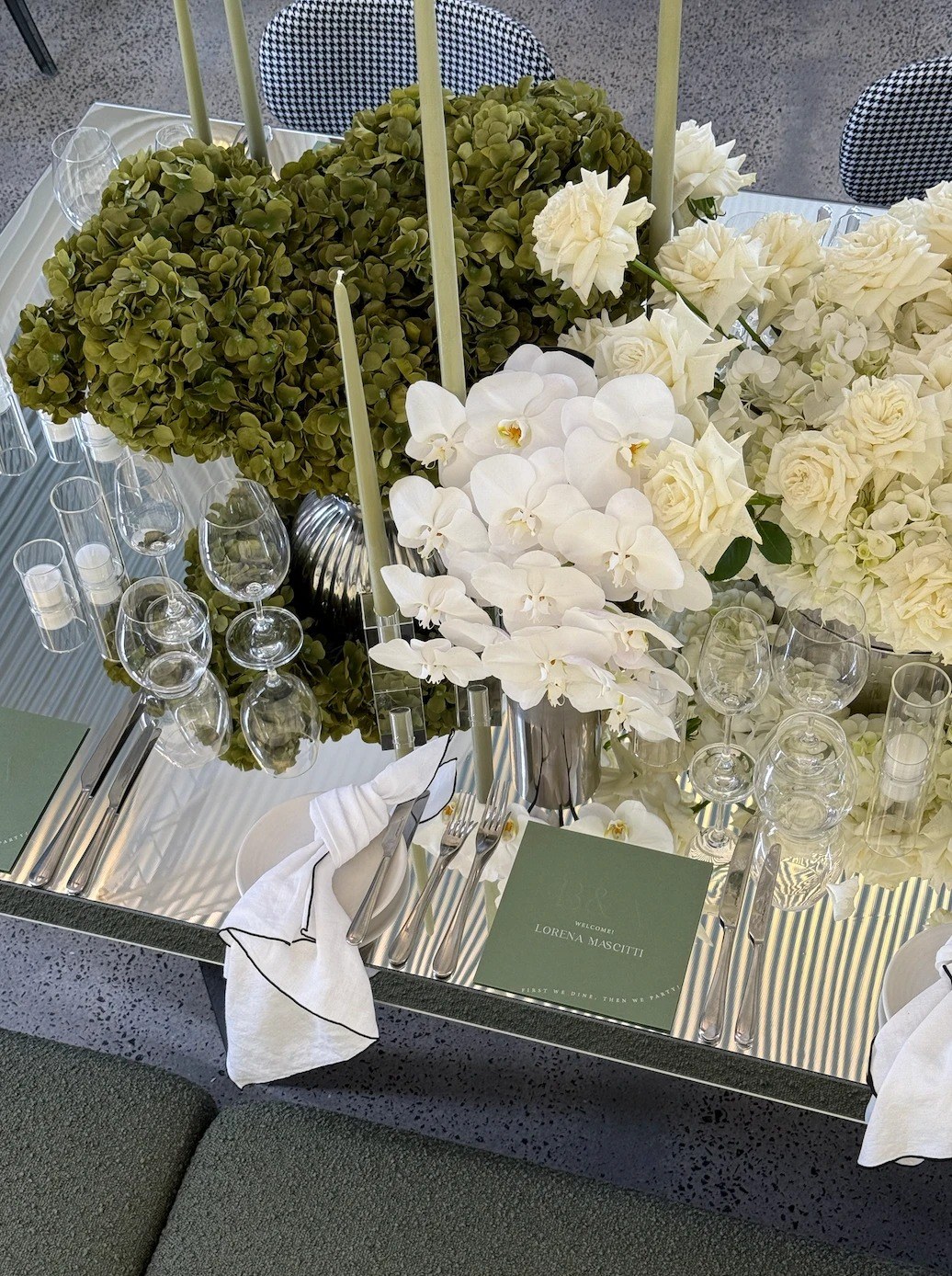 Green hydrangea and white orchid centerpiece
