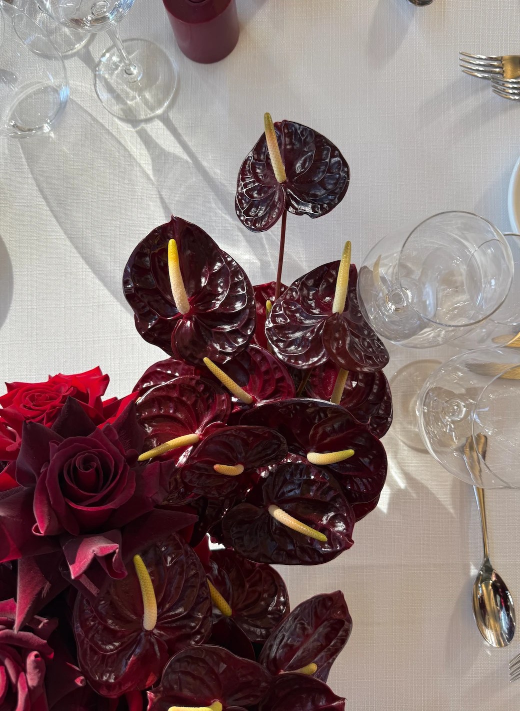 Burgundy anthurium centerpiece